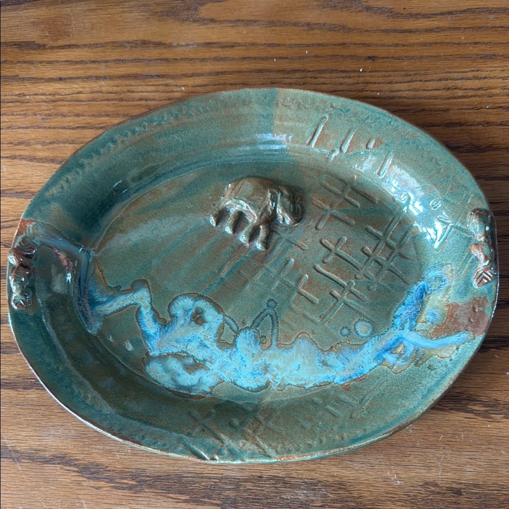 Green and Blue Ceramic Accent Dish with Textured Glaze